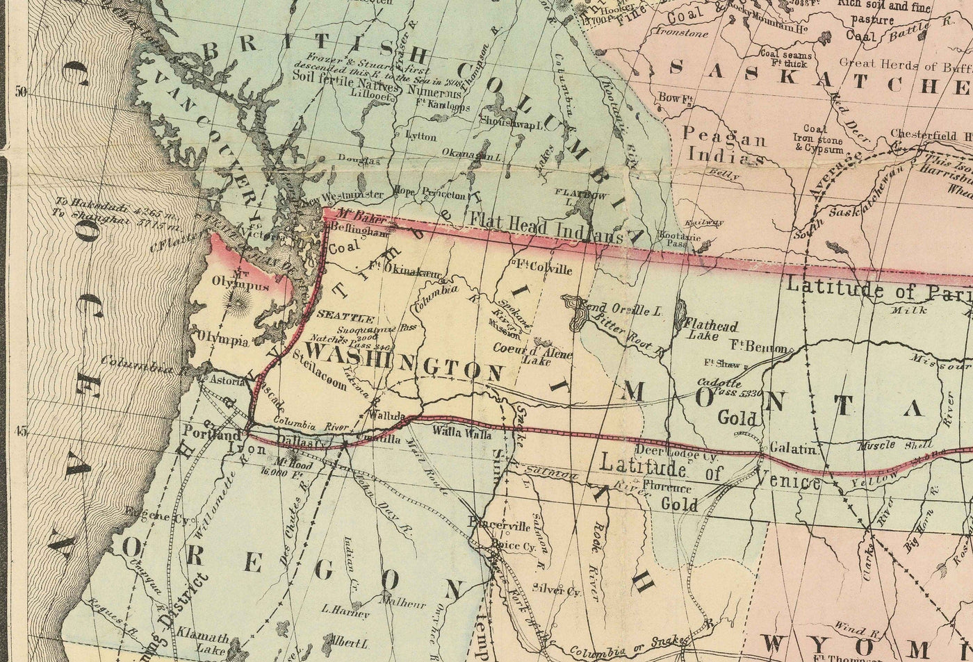 Alte Karte der Nordpazifik Railway, 1870 von Traubel - Eisenbahnen in Kanada und USA - Great Lakes, Staaten