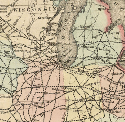 Mapa antiguo del Ferrocarril del Pacífico Norte, 1870 por Traubel - Ferrocarriles en Canadá y Estados Unidos - Grandes Lagos, Estados