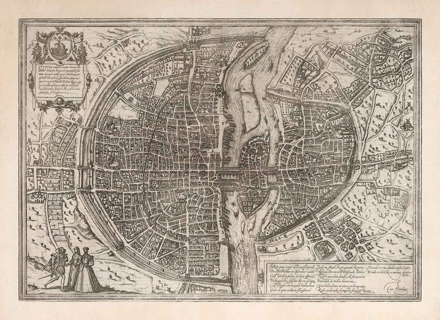 Antiguo mapa monocromo de París, 1572 por Braun - Notre Dame, Sainte Chapelle, Bastilla, Sena, Catedral, Murallas