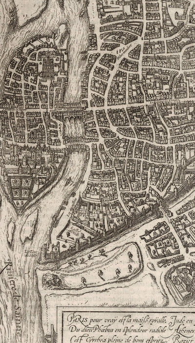 Alte monochrome Karte von Paris, 1572 von Braun - Notre Dame, Sainte Chapelle, Bastille, Seine, Kathedrale, Stadtmauern