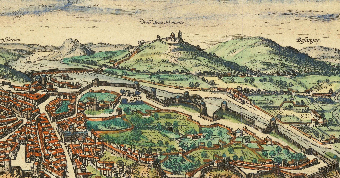 Alte Karte von Florenz & Genua, 1572 von Braun - Dom, Palazzo Vecchio, Fluss Arno, San Lorenzo, Kathedralen, Festungen