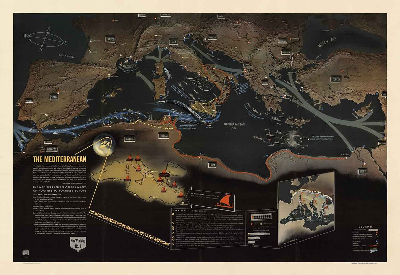 Old World War 2 Map: Méditerranée, 1944 - Navwarmap No.1 - Europe du Sud et Afrique du Nord - Italie, Espagne, France