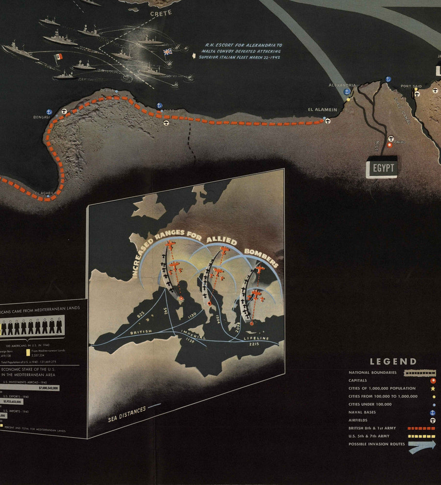 Alter Zweiter Weltkrieg Karte: Mittelmeer, 1944 - NavWarMap Nr.1 - Südeuropa & Nordafrika - Italien, Spanien, Frankreich 