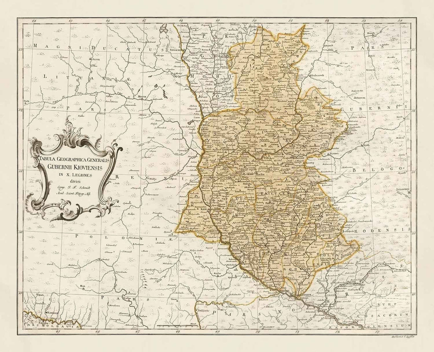 Mapa antiguo de Ucrania, 1770 - Gobierno de Kiev, Imperio Ruso - Kremenchuk, Poltava, Cherkasy, Chernihiv, Ciudades, Guerra