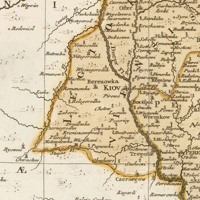 Alte Karte der Ukraine, 1770 - Kiew regiert, russisches Reich - Kremenchuk, Poltava, Cherkasy, Tschernihiv, Städte, Krieg