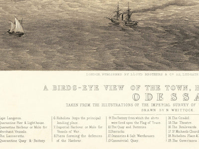 Alte Karte von Odessa, Ukraine, 1855 - Schwarzsee Hafenstadt - Forts, Zitadelle, Stadtzentrum - Illustration von Vögeln -Augen