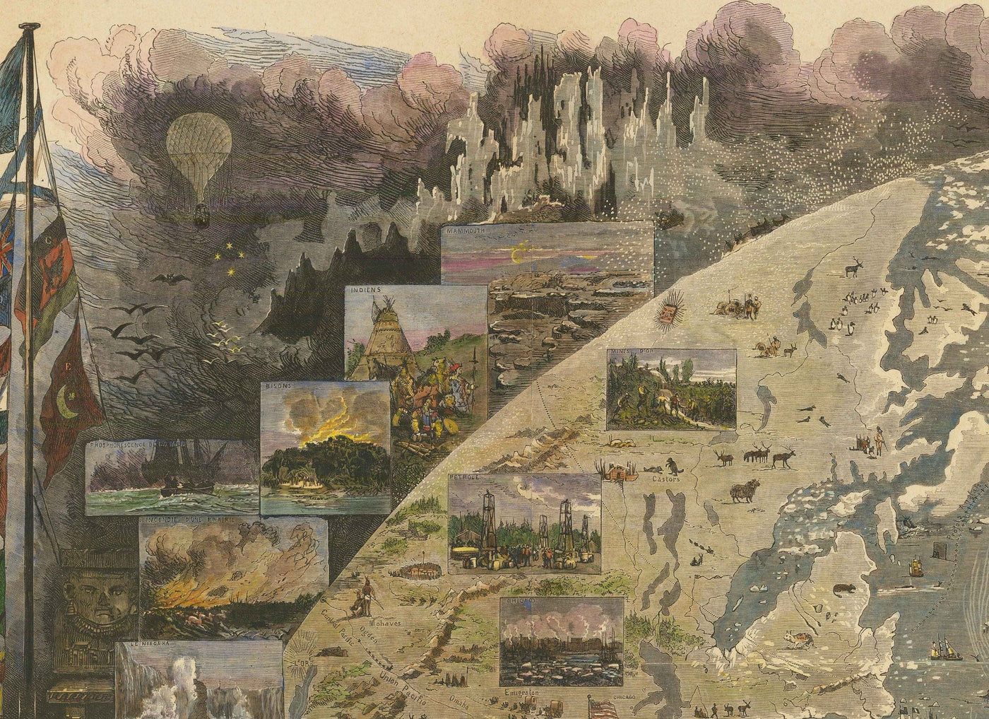 Antiguo mapa del mundo, 1876 - "Una vuelta al mundo" de Le Monde - Exploración del siglo XIX, Historia, Colonialismo