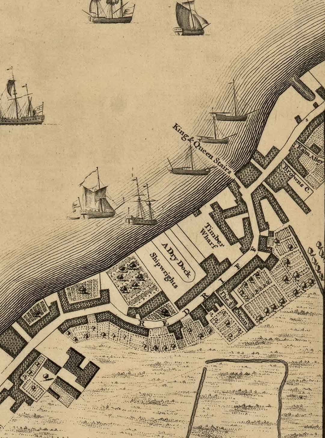 Alte Karte von John Rocque London, 1746, G2 - Wapping, Shadwell, Rotherhithe, Themse, Tower Hamlets, E1W, Southwark
