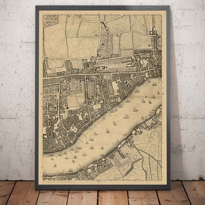 Carte ancienne de par John Rocque Londres, 1746, G2 - Wapping, Shadwell, Rotherhithe, Tamise, Tower Hamlets, E1W, Southwark