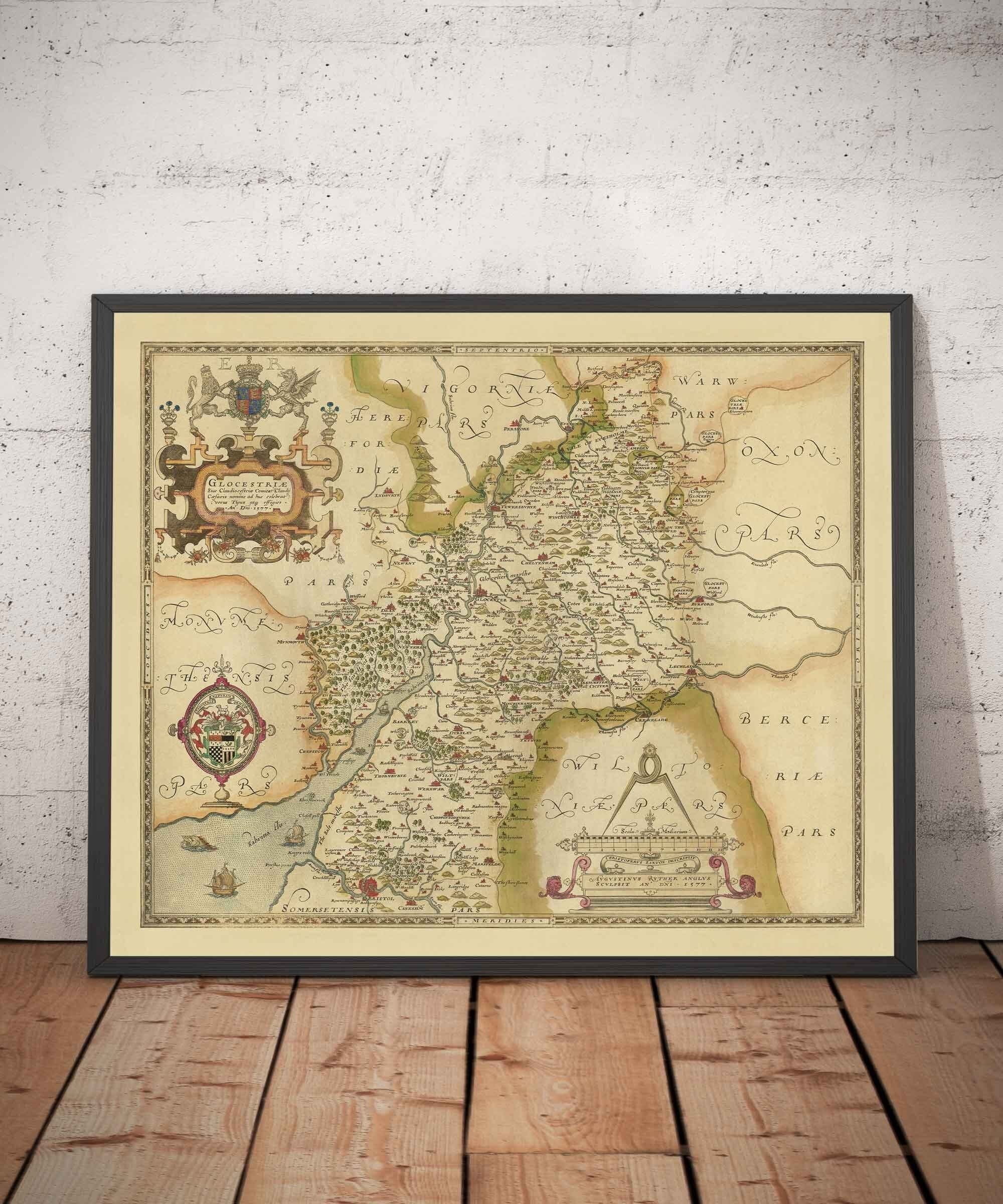 Rare Old Map of Gloucestershire, 1575 by Saxton - Bristol, Cheltenham ...