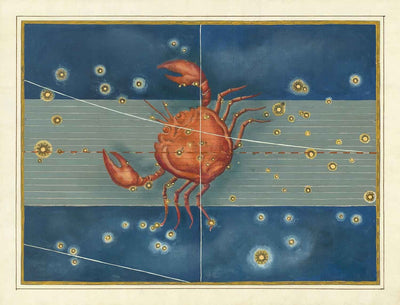 Antiguo mapa estelar de Cáncer, 1603 por Johann Bayer - Carta astrológica del zodiaco - El signo del horóscopo del Cangrejo