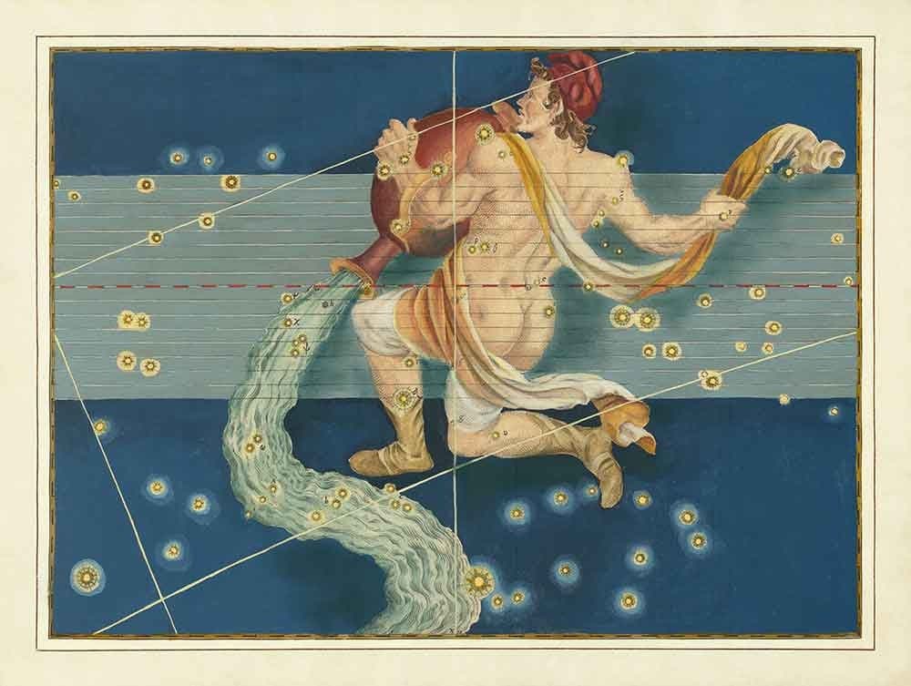 Antiguo mapa estelar de Acuario, 1603 por Johann Bayer - Carta astrológica del zodiaco - El signo del horóscopo del aguador