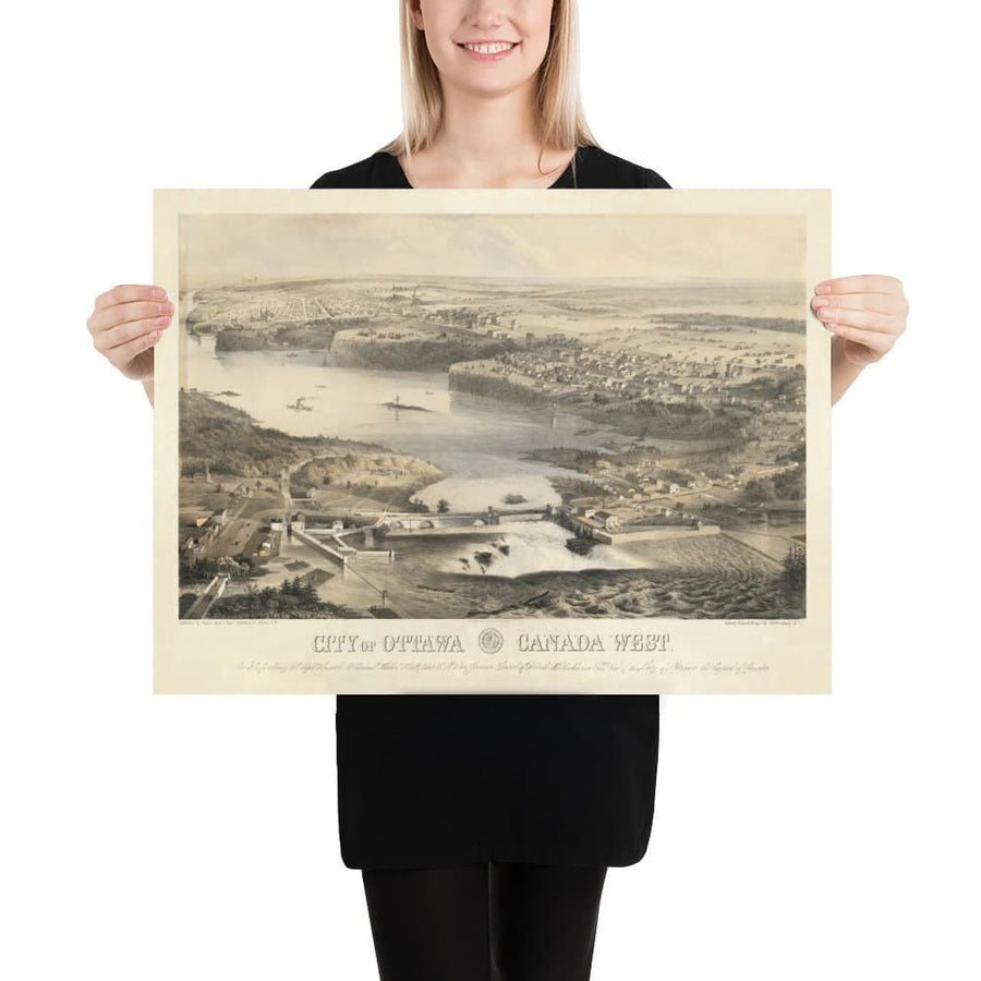 Mappa Antica di Ottawa, 1859 di Laver & Stent - Capitale Coloniale del Canada - Hull Quebec, Centro, Bytown, Mercato di Byward 