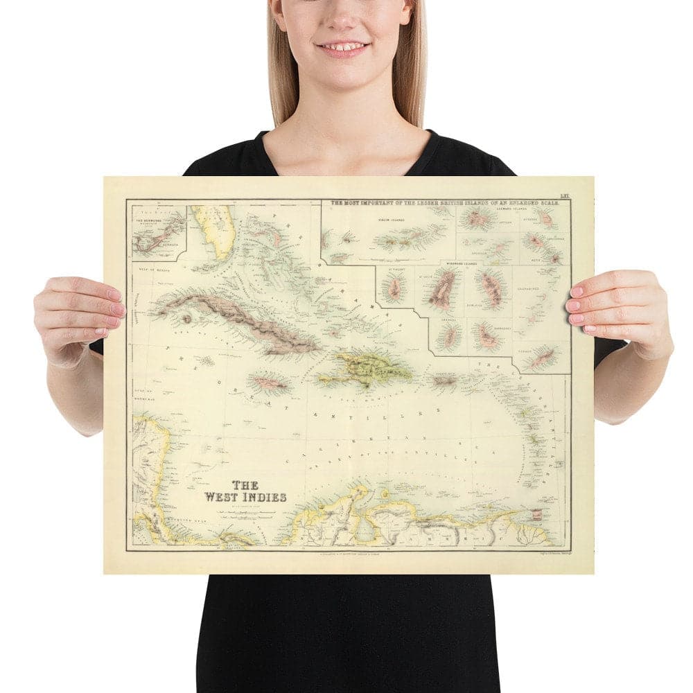 Alte Karte der Westindischen Inseln, 1872 von Fullarton - Bermuda, Kuba, Haiti, Puerto Rico, Jamaika, Bahamas, Antillen, koloniale Karibikmeer