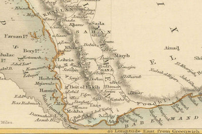 Ancienne carte d'Arabie, 1851 par Tallis & Rapkin - Arabie Saoudite, Jordanie, Oman, Yémen, Mer Rouge, Dubaï, Golfe Persique, Moyen-Orient