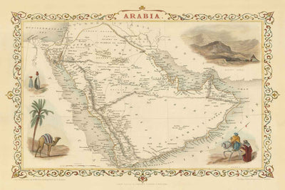 Mapa antiguo de Arabia, 1851 por Tallis & Rapkin - Arabia Saudí, Jordania, Omán, Yemen, Mar Rojo, Dubai, Golfo Pérsico, Oriente Medio
