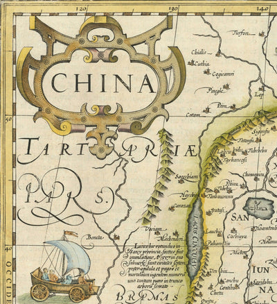Antiguo mapa de China, 1606 por Jodocus Hondius - Corea, Japón, Gran Muralla, Sudeste Asiático, Oriente, Extraños Monstruos Marinos