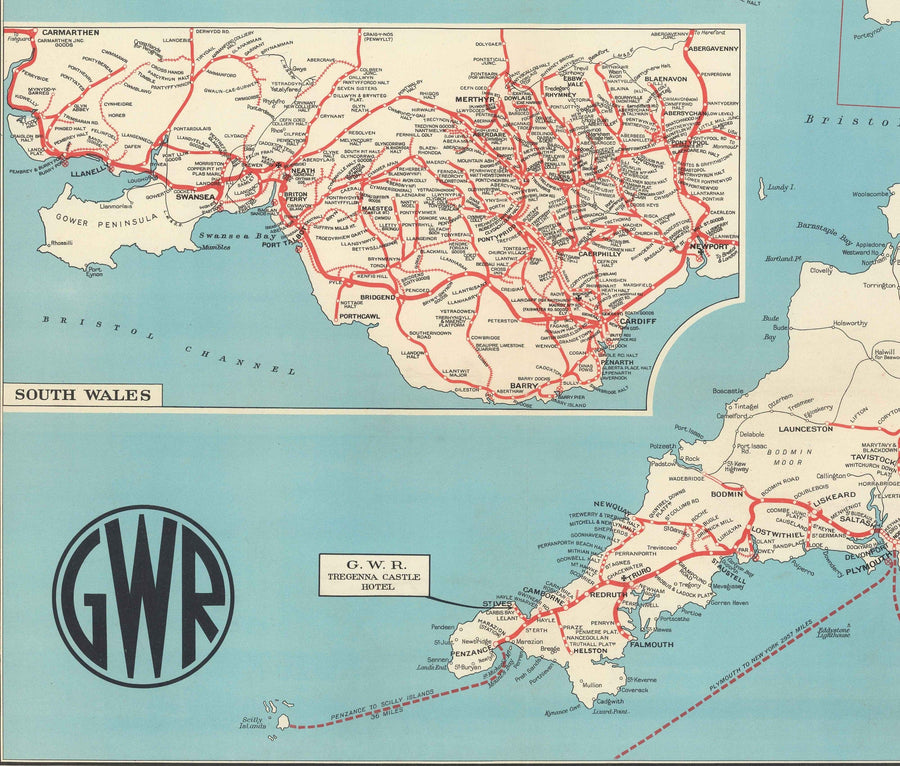 Ancienne carte de la Great Western Railway, 1950 - GWR - Lignes principales, Pays de Galles du Sud, Pays de l&