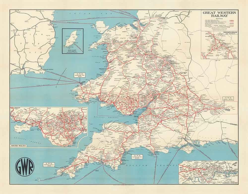 Ancienne carte de la Great Western Railway, 1950 - GWR - Lignes principales, Pays de Galles du Sud, Pays de l'Ouest, Paddington.