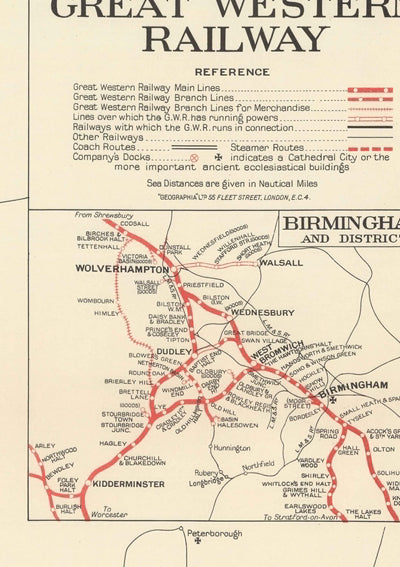 Antiguo mapa del Great Western Railway, 1950 - Recortes previos a Beeching GWR - Líneas principales, Gales del Sur, West Country, Paddington
