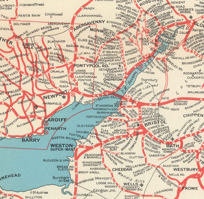 Ancienne carte de la Great Western Railway, 1950 - GWR - Lignes principales, Pays de Galles du Sud, Pays de l'Ouest, Paddington.