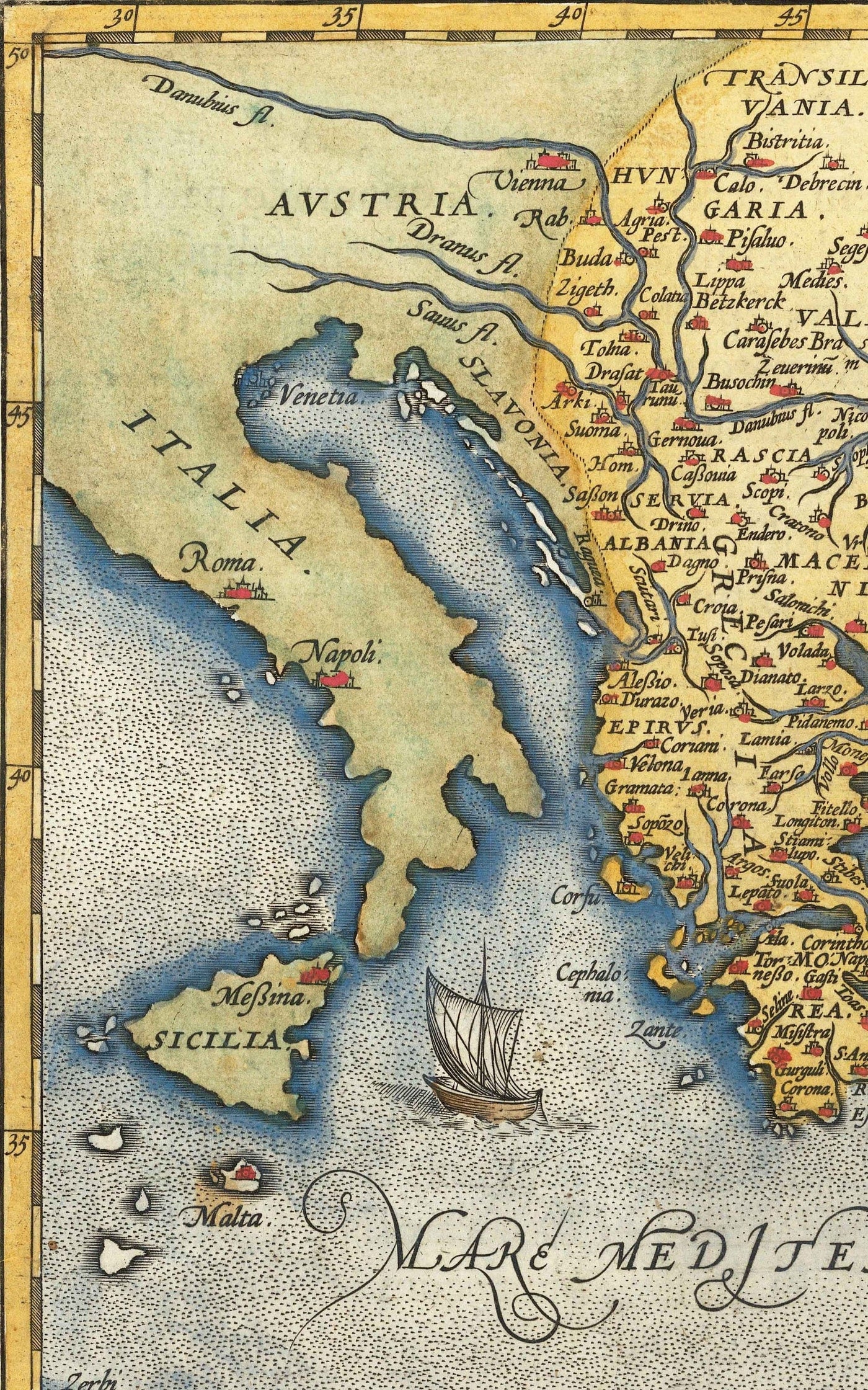 Old Ottoman Empire Map, 1584 par Ortelius - Turquie, Arabie saoudite, Moyen-Orient, Iran, Israël, Grèce, mer Rouge, Afrique
