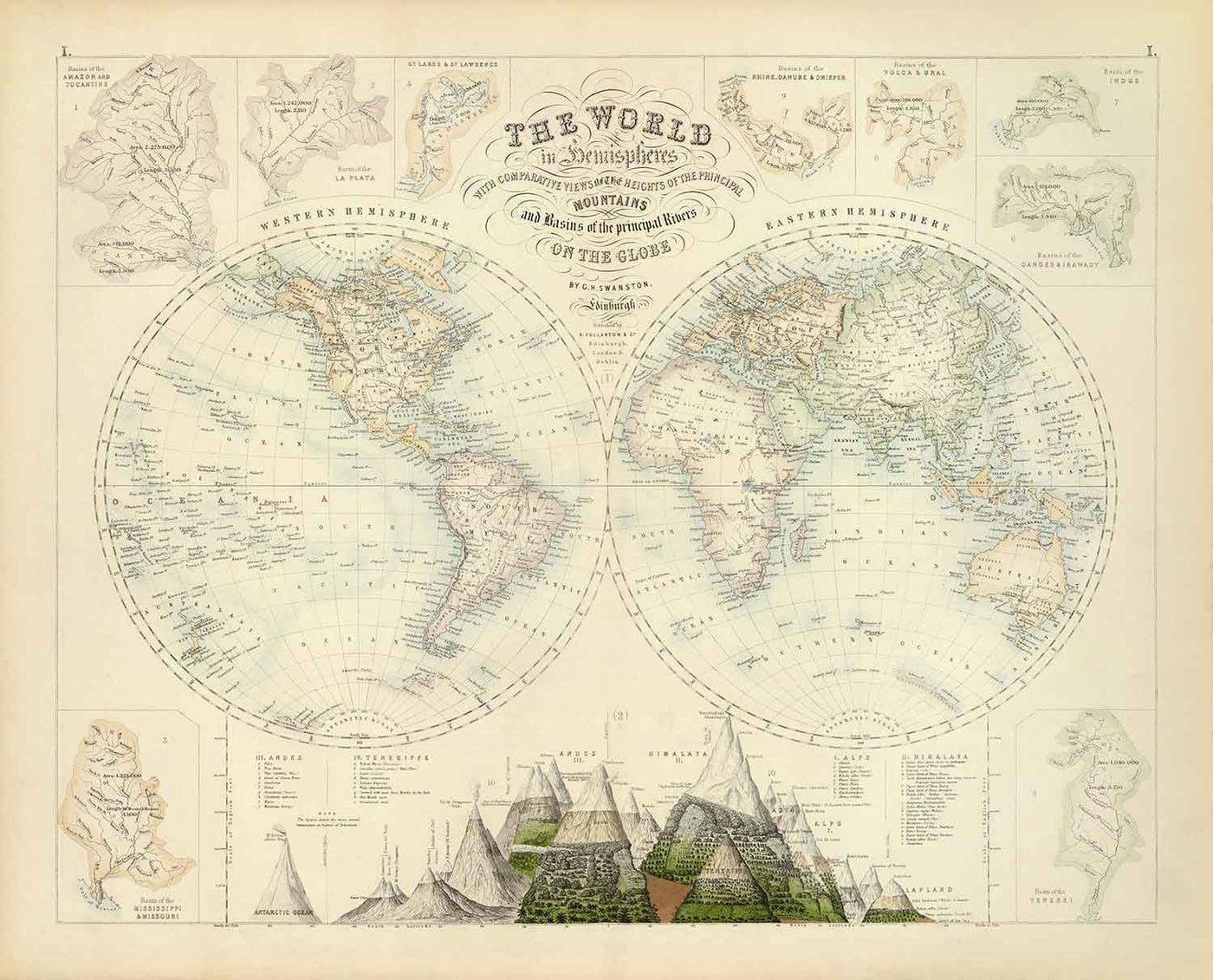 Antiguo mapa del mundo, 1872 por Fullarton - Atlas victoriano de proyección del doble hemisferio, ríos, montañas (¡no hay Everest!)