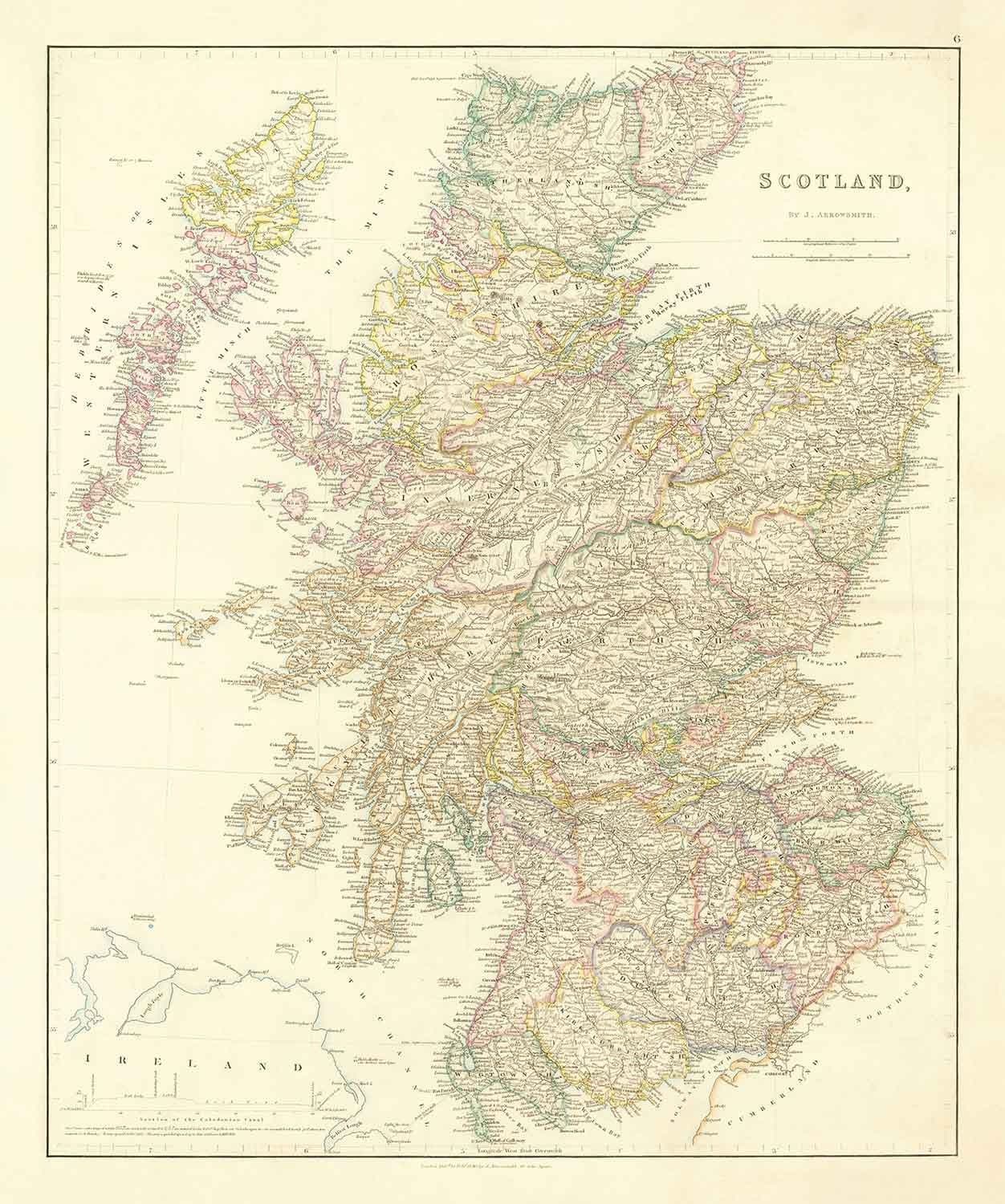 Old Map of Scotland, 1846 by Arrowsmith - Beautiful Handcoloured Victorian Atlas - Counties, Cities, Roads