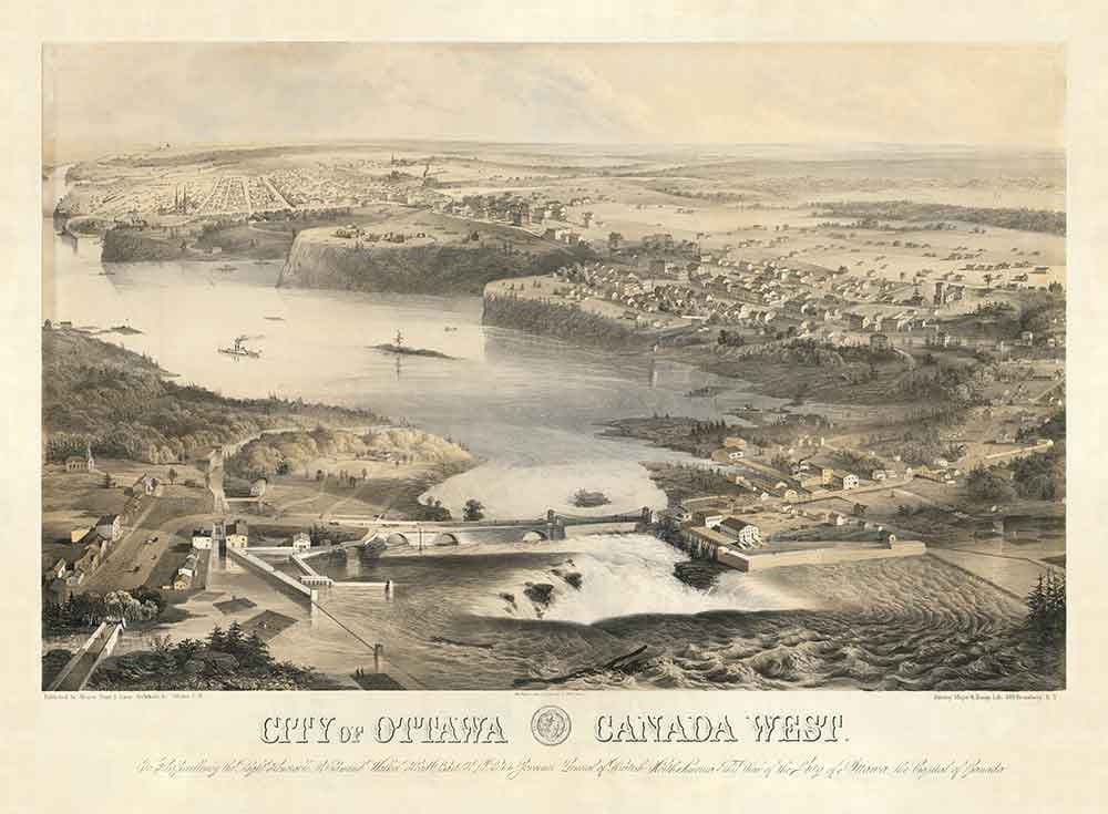 Alte Karte von Ottawa, 1859 von Laver & Stent - Colonial Canada Capital - Hull Quebec, Downtown, Bytown, Byward Market