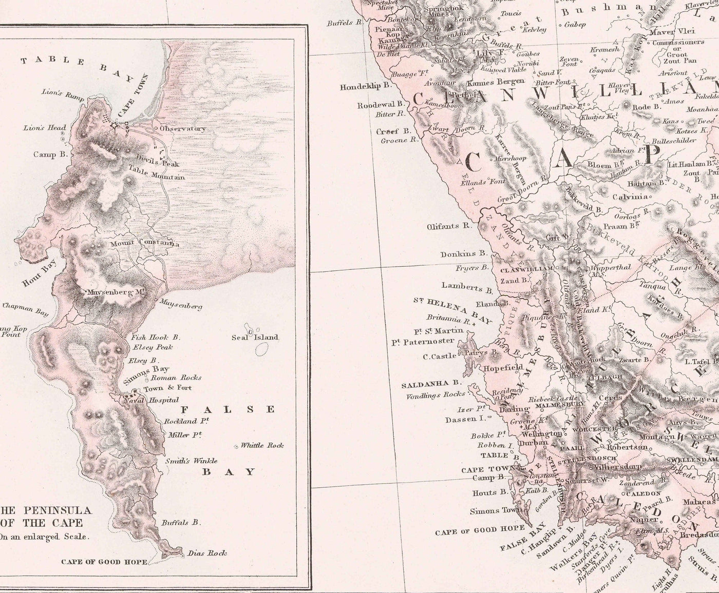 Antiguo mapa de Sudáfrica, 1860 - Colonia del Cabo británica y holandesa - Durban, Pretoria, Ciudad del Cabo, Botsuana, Namibia