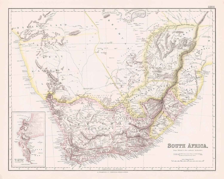 Vecchia mappa del Sudafrica, 1860 - Colonia britannica e olandese del Capo - Durban, Pretoria, Città del Capo, Botswana, Namibia 