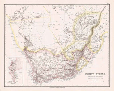 Ancienne carte de l'Afrique du Sud, 1860 - Colonie britannique et hollandaise du Cap - Durban, Pretoria, Le Cap, Botswana, Namibie