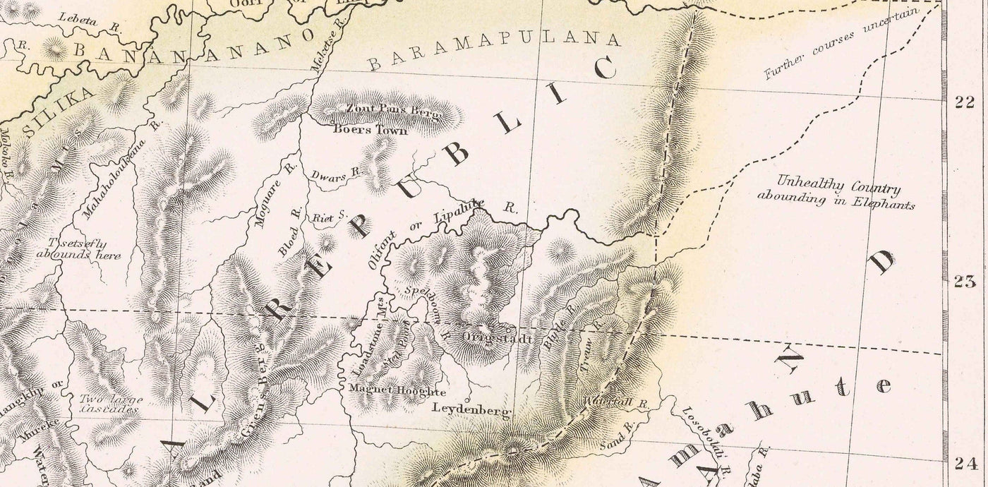 Antiguo mapa de Sudáfrica, 1860 - Colonia del Cabo británica y holandesa - Durban, Pretoria, Ciudad del Cabo, Botsuana, Namibia
