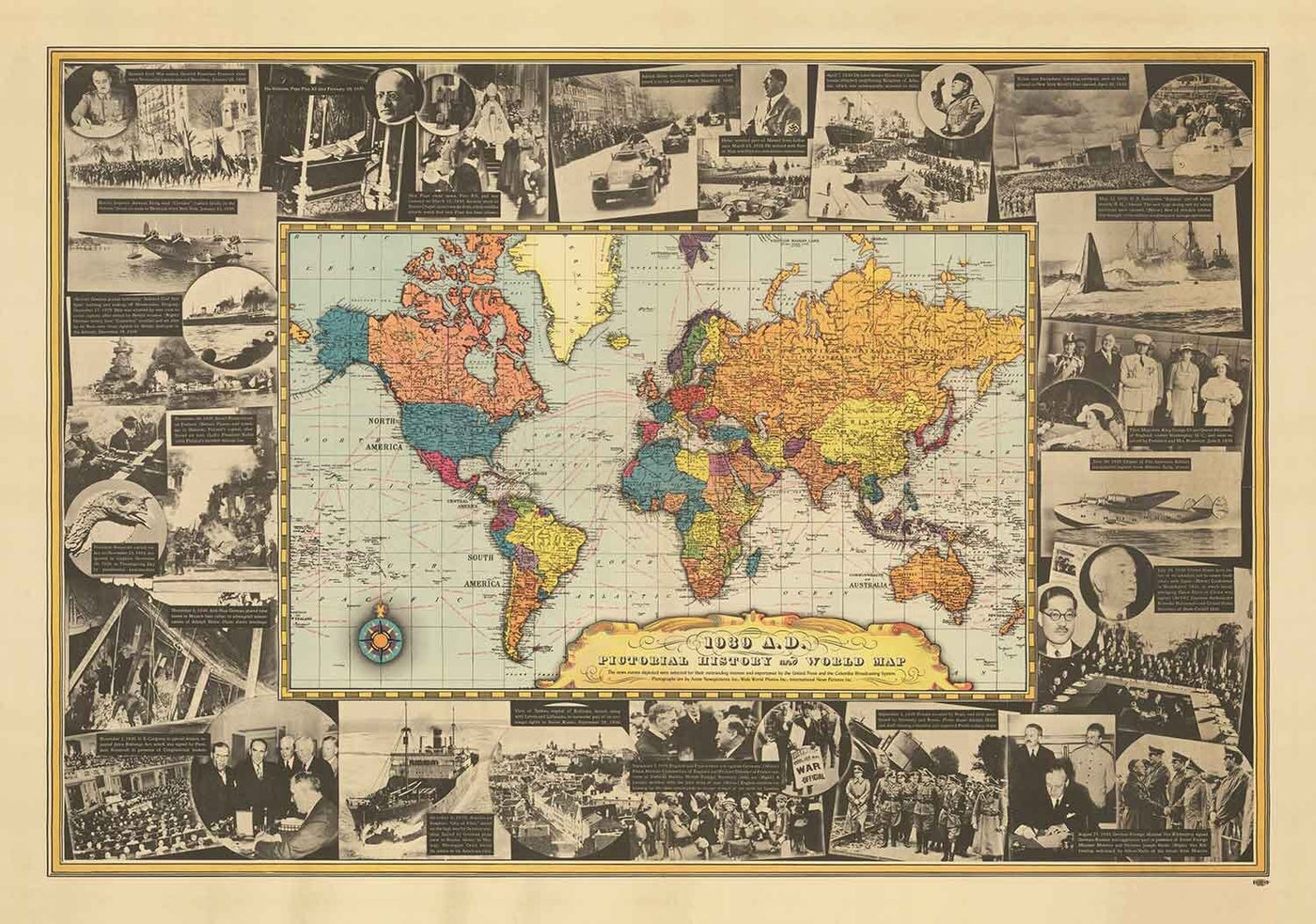 Weltkriegs -Weltkarte, 1939 - Alte historische Ereignisse - Hitler in Polen eindringen, Verbündete erklären den Zweiten Weltkrieg, Papst im Sterben