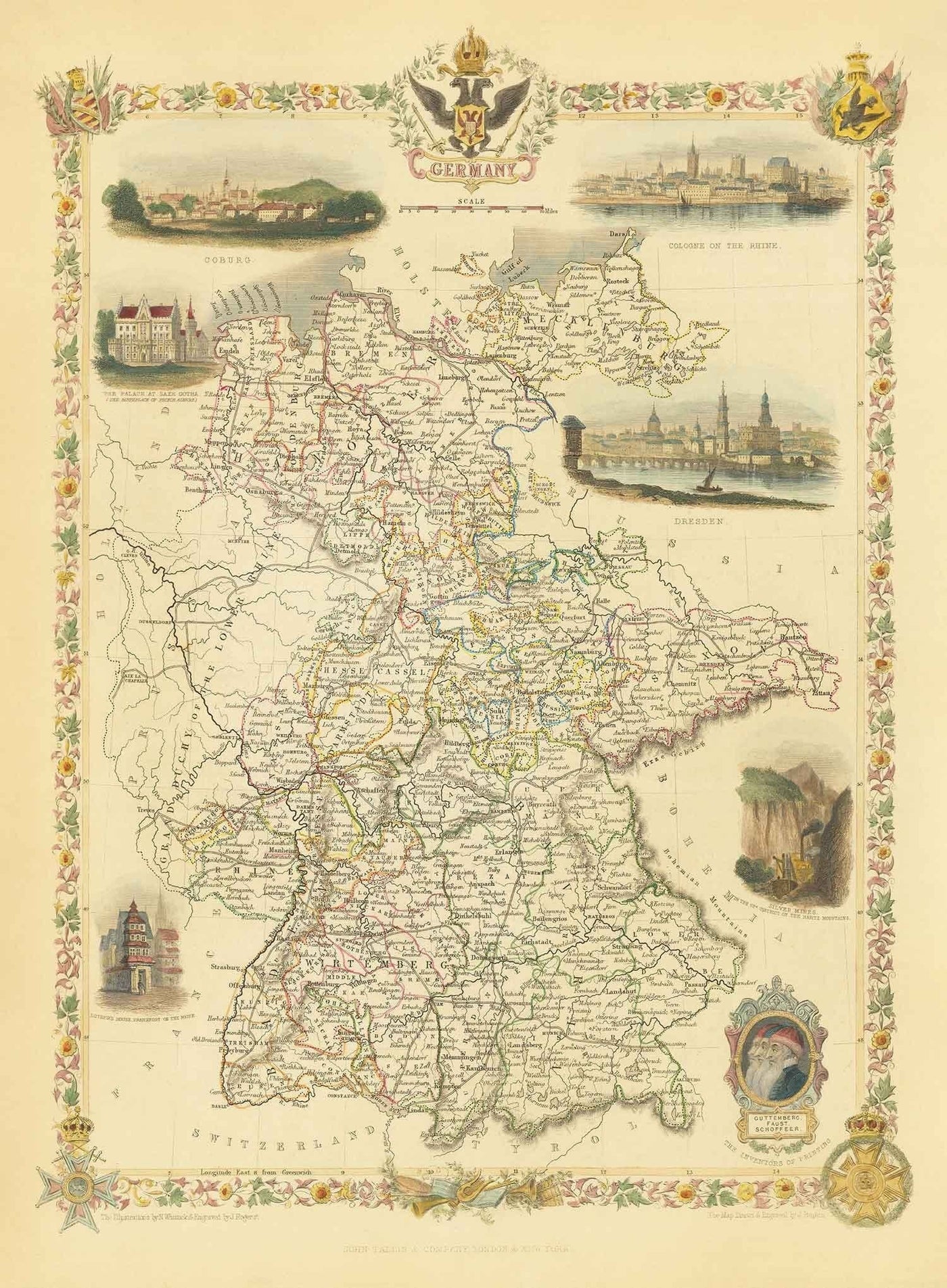 Antiguo mapa de Alemania, 1851 - Pre-Unificación, Pre-Reich Deutschland, Santo Imperio Romano, Estados, Ducados