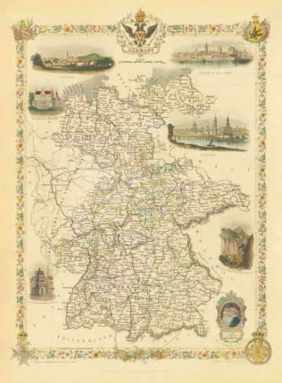 Alte Karte von Deutschland, 1851 - Vor der Wiedervereinigung, Vor-Reich Deutschland, Heiliges Römisches Reich, Staaten, Herzogtümer