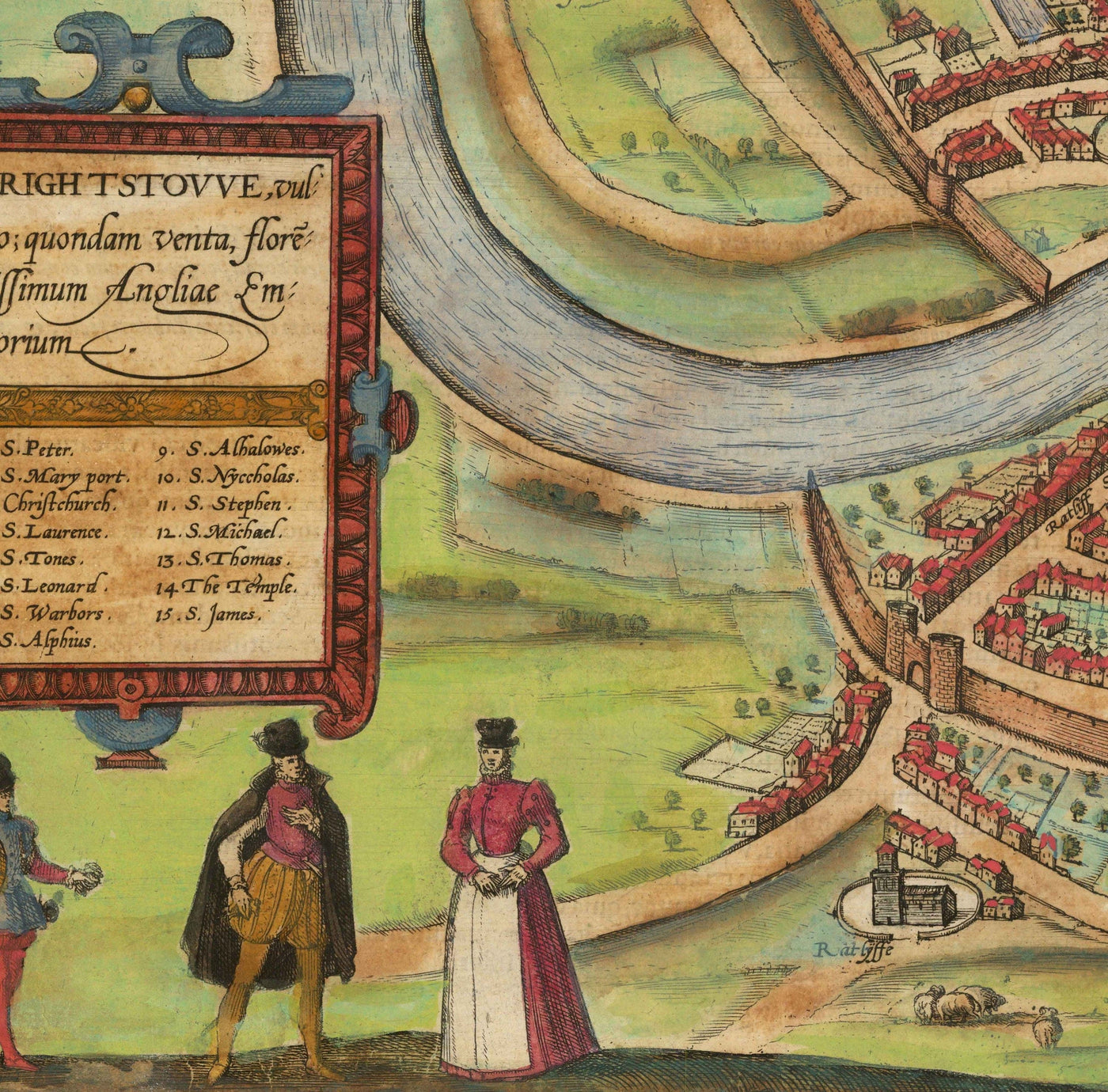 Ancienne carte de Bristol, 1588 par Braun - Brightstowe, Avon, St Nicholas, Newgate, armoiries