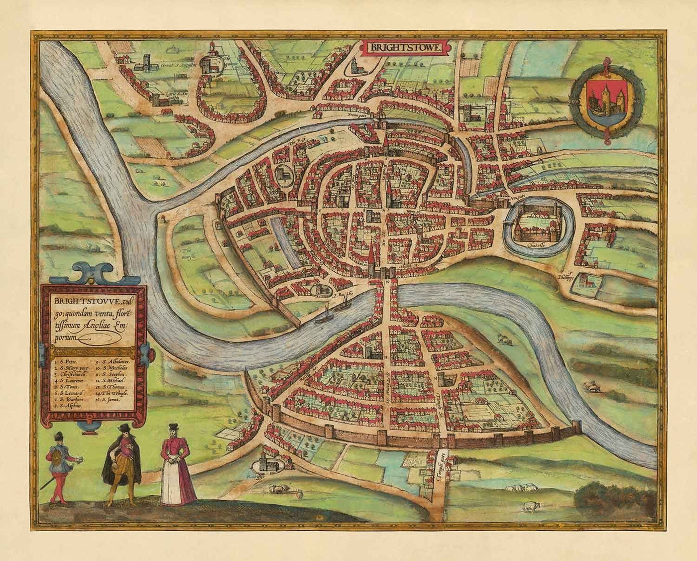 Ancienne carte de Bristol, 1588 par Braun - Brightstowe, Avon, St Nicholas, Newgate, armoiries