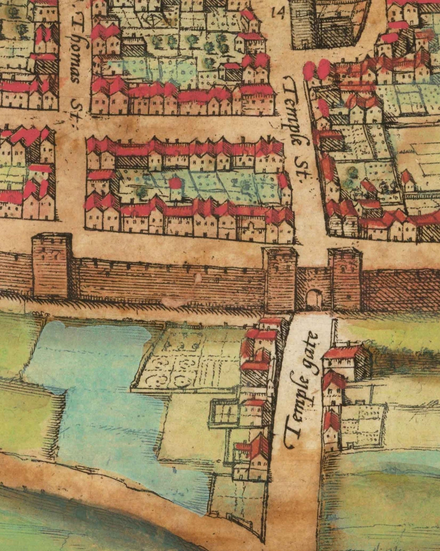 Mapa antiguo de Bristol, 1588 por Braun - Brightstowe, Avon, St Nicholas, Newgate, Escudo de armas