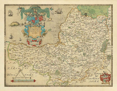 Rare Old Map of Somerset, 1575 by Saxton - Bath, Bristol, West Country, Mendips, Weston-super-Mare