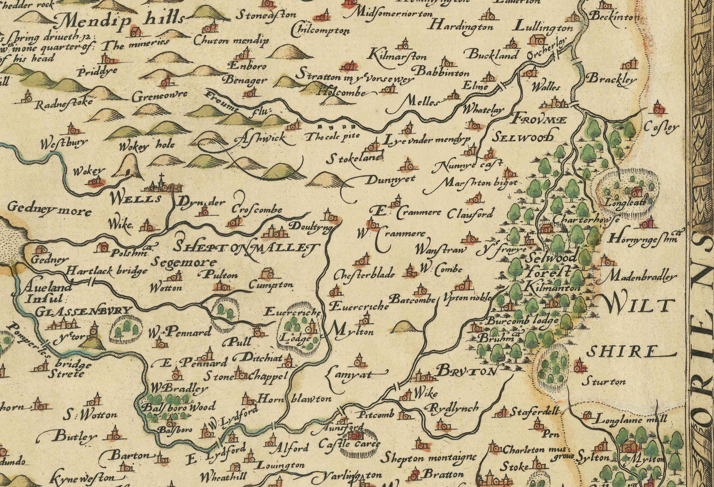 Raro mapa antiguo de Somerset, 1575 por Saxton - Bath, Bristol, West Country, Mendips, Weston-super-Mare