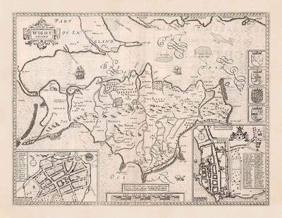 Alte monochrome Karte von Isle of Wight, 1611 von John Speed ​​- Newport, Ride, Cowes, Sandown, Shanklin, Southampton