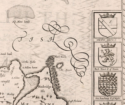 Old monochrome Carte of Isle of Wight, 1611 par John Speed ​​- Newport, Ride, Cowes, Sandown, Shanklin, Southampton