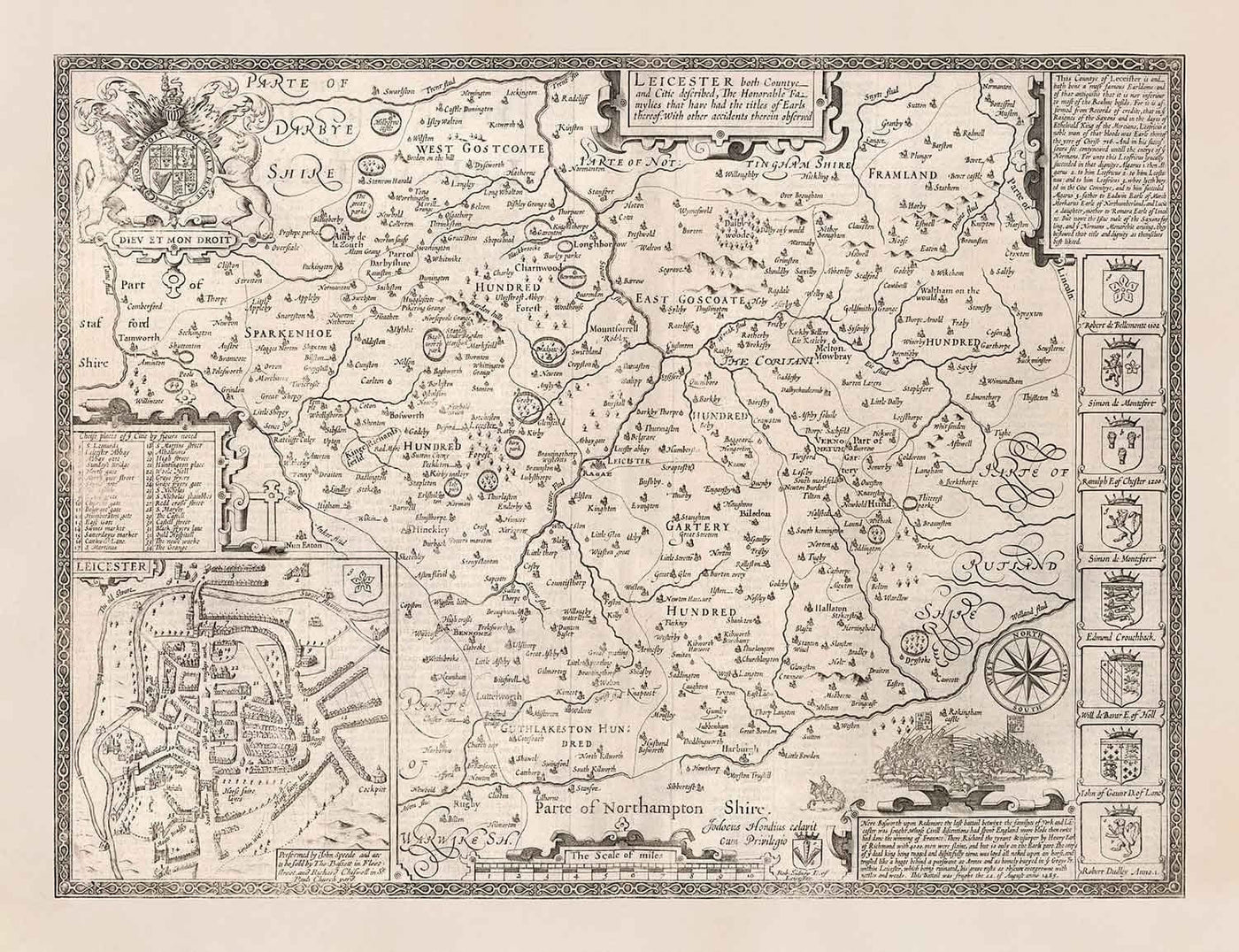 Antiguo mapa monocromo de Leicestershire, 1611 por John Speed - Leicester, Loughborough, Hinckley, Wigston, Melton Mowbray