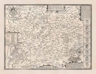 Old monochrome Carte of Leicestershire, 1611 par John Speed ​​- Leicester, Loughborough, Hinckley, Wigston, Melton Mowbray
