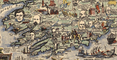 Story Map of Ireland, 1936 - Antiguo mapa pictórico de Irlanda - Figuras históricas, Dublín, Cork, Belfast, Bernard Shaw