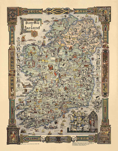 Carte d'histoire de l'Irlande, 1936 - Old Pictorial Chart of Eire - Figures historiques, Dublin, Cork, Belfast, Bernard Shaw