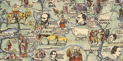 Story Map of Ireland, 1936 - Antiguo mapa pictórico de Irlanda - Figuras históricas, Dublín, Cork, Belfast, Bernard Shaw