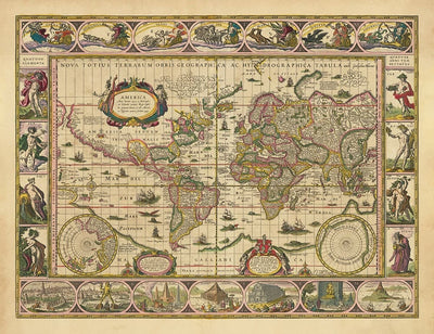 Old World Map, 1635 by Willem Blaeu - Rare Masterpiece Atlas - Seven Wonders, Mythical Islands, Roman Gods, Sea Monsters!