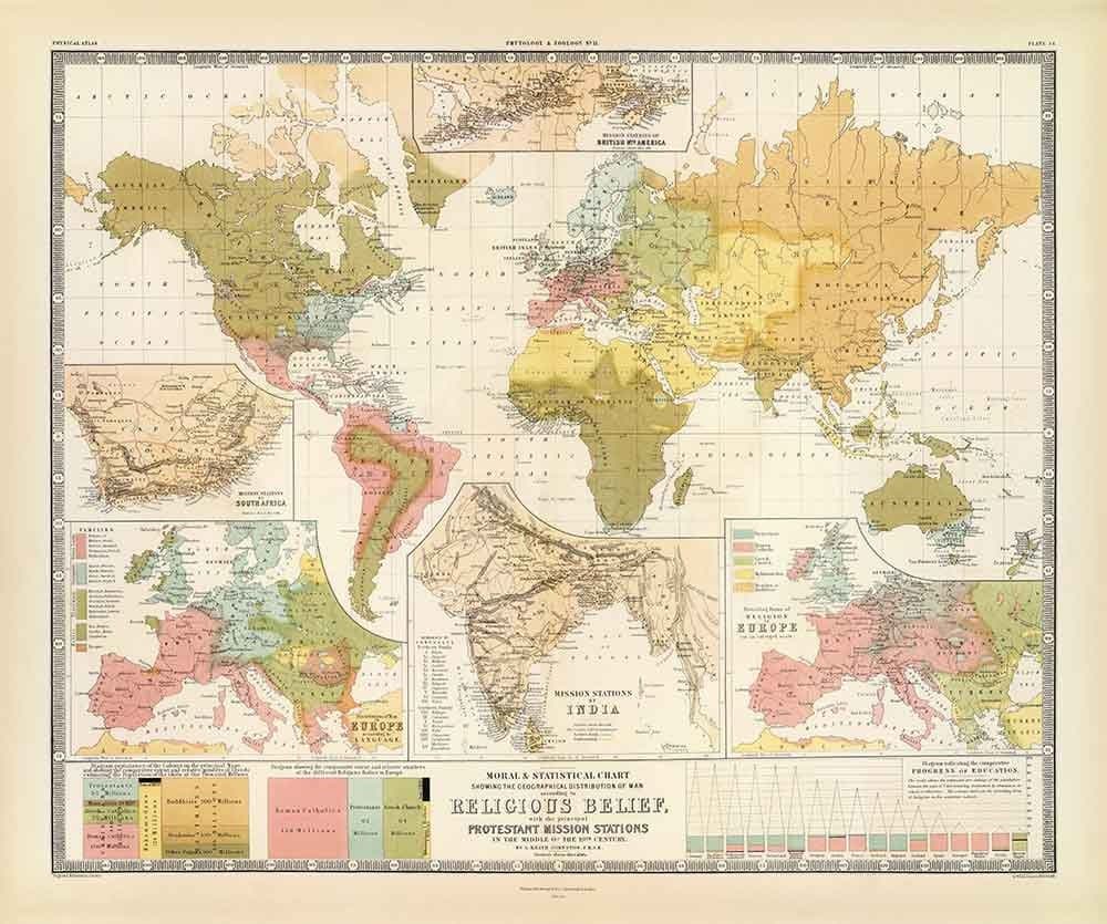 Old Religion World Map, 1854 - Religious Beliefs in the 19th Century - Buddhists, Protestants, Catholics, Muslims, Jews, Heathens